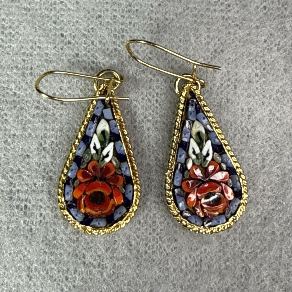 Vintage Italian Micromosaic Earrings Teardrop Floral Glass Mosaic Gold Tone
